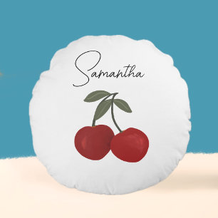 Two Red Cherries Illustration   Cute Fruit Art  Round Pillow