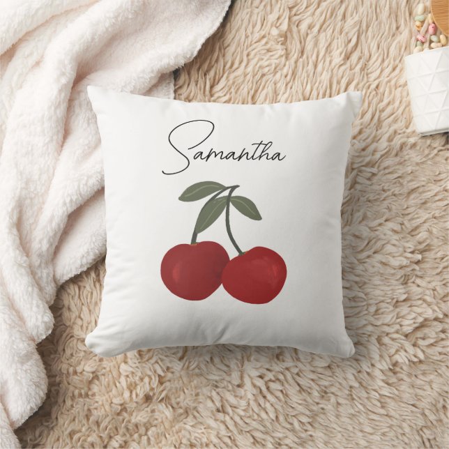 Two Red Cherries Illustration | Cute Fruit Art  Throw Pillow (Blanket)