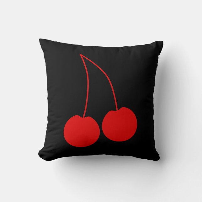 Two Red Cherries on Black. Throw Pillow (Front)