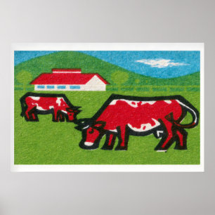 Two Red Cows Grazing Mid-Century Matchbox Label Poster