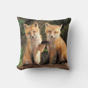 Two Red Fox Pups in Front of Their Den Throw Pillow