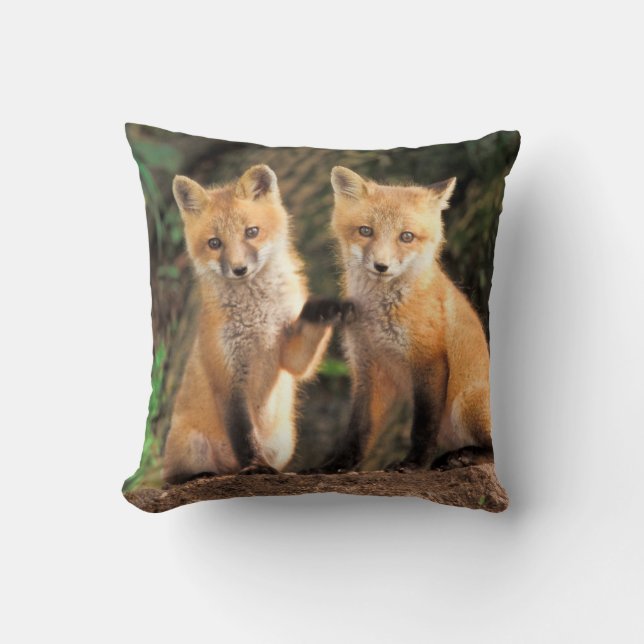 Two Red Fox Pups in Front of Their Den Throw Pillow (Front)