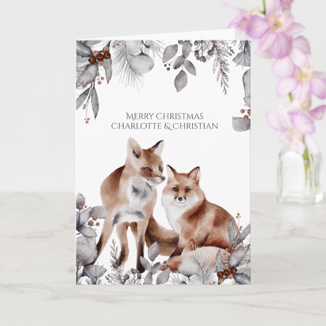 Two Red Foxes Personalized Christmas Card (Orchid)