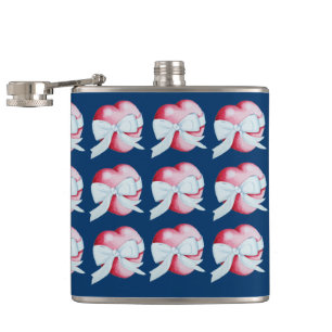 two red hearts tied with white ribbon bow hip flask