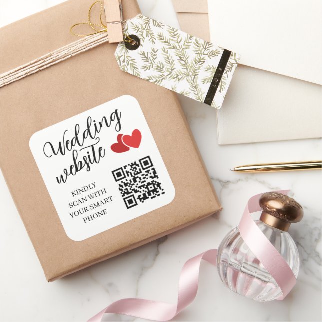 Two Red Hearts Wedding Website QR Code Square Sticker (Gifting)