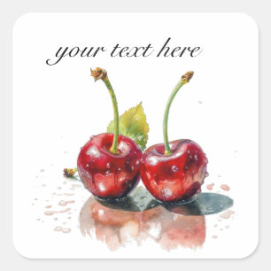 two red juicy cherries, customizable square sticker