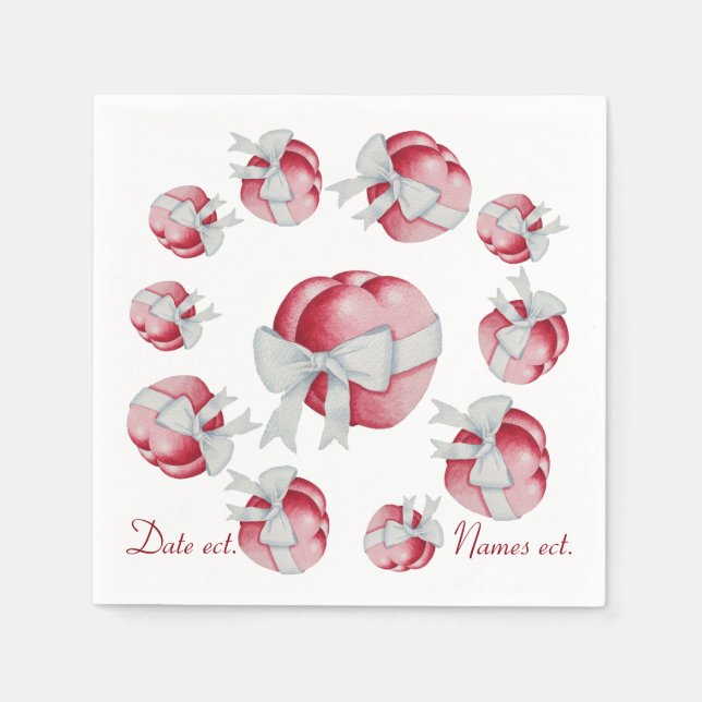 two red love hearts and white bow romantic wedding napkin (Front)