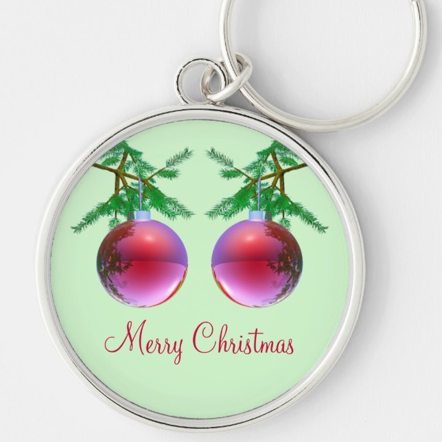 Two Red Merry Christmas Balls Keychain (Front)