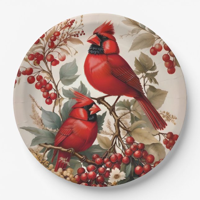 Two Red Northern Cardinal Birds And Berries Paper Plate (Front)