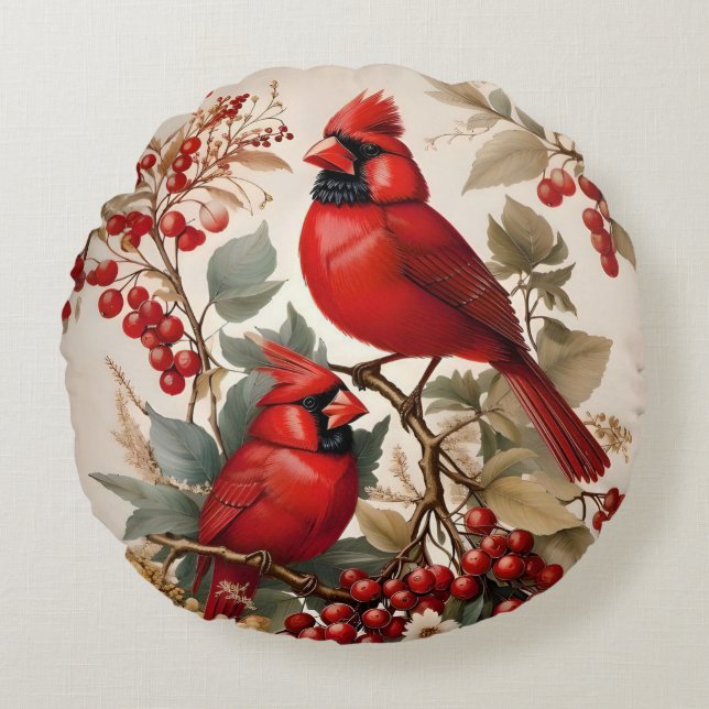Two Red Northern Cardinal Birds And Berries Round Pillow (Front)