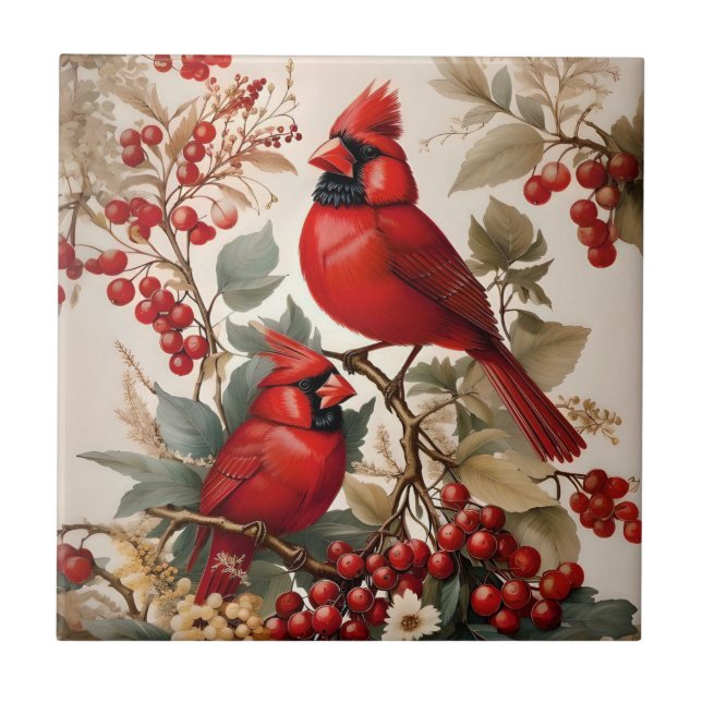 Two Red Northern Cardinal Birds And Berries Tile (Front)