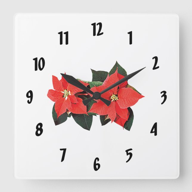 Two Red Poinsettias Square Wall Clock (Front)