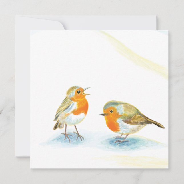 Two Red Robins in Winter Greeting Card (Front)