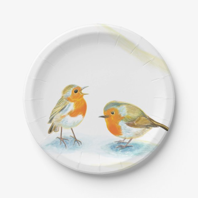Two Red Robins in Winter Paper Plate (Front)