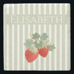 Two Red Strawberries Stripes & Flowers | Fruit Stone Coaster<br><div class="desc">A charming illustration of two ripe red strawberries paired with fresh green leaves and delicate strawberry flowers and customizable stripes. This sweet fruit design brings a cheerful, nature-inspired feel that’s perfect for kitchen décor, stationery, apparel, accessories, and gifts. Ideal for strawberry lovers, garden aesthetics, and anyone who enjoys colorful, cute...</div>