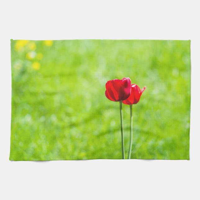 Two red tulip flowers kitchen towel (Horizontal)