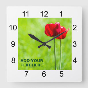 Two red tulip flowers square wall clock