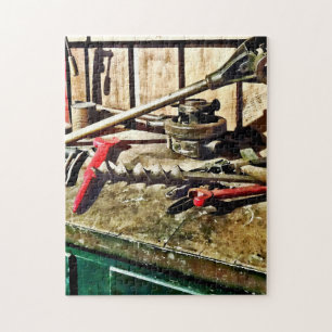 Two Red Wrenches on Plumber's Workbench Jigsaw Puzzle
