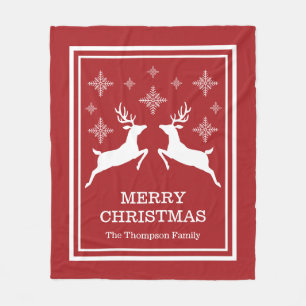 Two Reindeers And Snowflakes Merry Christmas Fleece Blanket