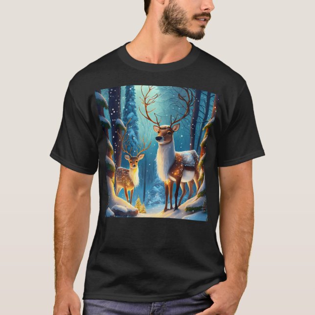 Two Reindeers In A Snowy Pine Forest T-Shirt (Front)