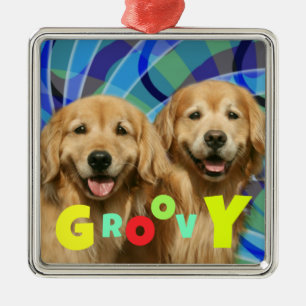 Two Retro Golden Retriever Dogs Psychedelic Groovy Metal Ornament