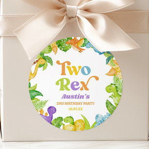 Two Rex Dinosaur 2nd Second Birthday Party Classic Round Sticker