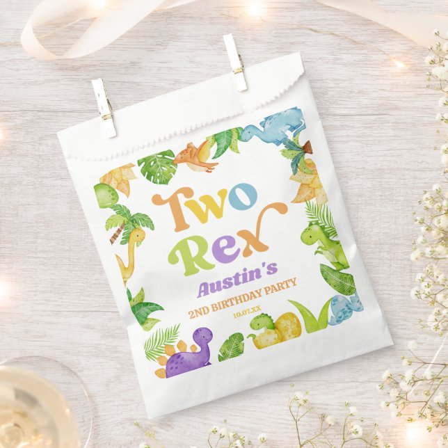 Two Rex Dinosaur 2nd Second Birthday Party Favour Bag (Clipped)