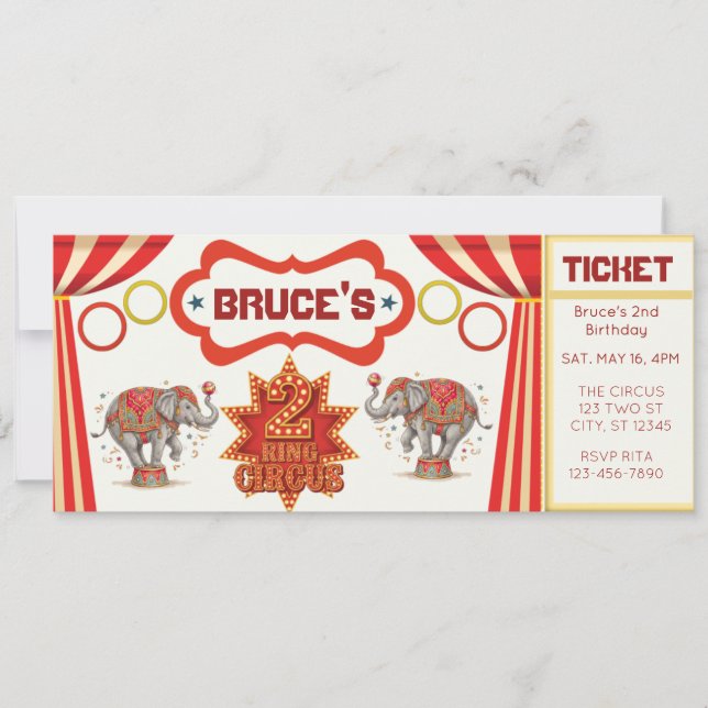 Two Ring Circus, 2nd Birthday Ticket Invitation (Devant)