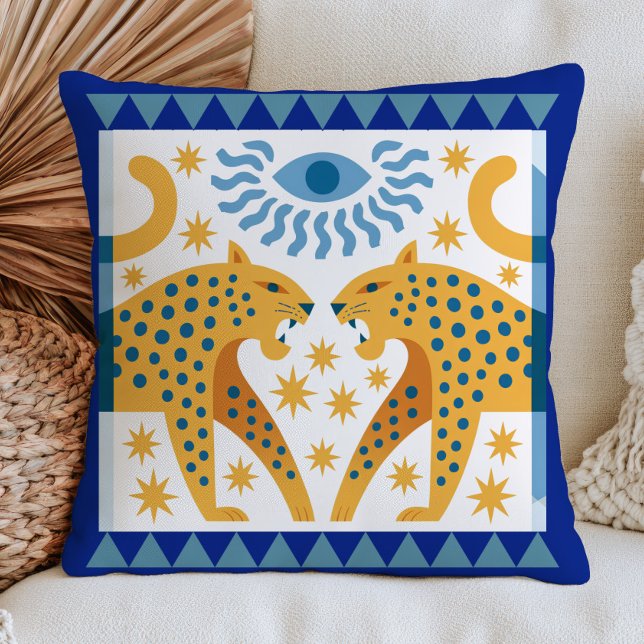 Two Roaring Leopards Mystical Folk Art Maximalist Throw Pillow (Creator Uploaded)