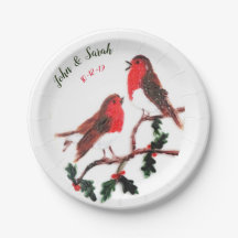 Two Robin Birds Winter Holly Wedding