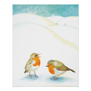 Two Robin redbreasts in Winter Poster