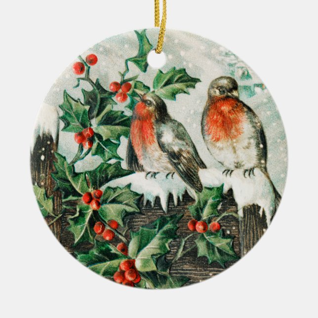 Two robins on a fence in the snow ceramic ornament (Front)