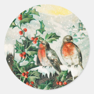 Two robins on a fence in the snow classic round sticker