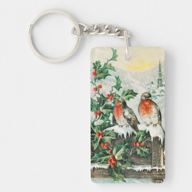 Two robins on a fence in the snow keychain (Front)