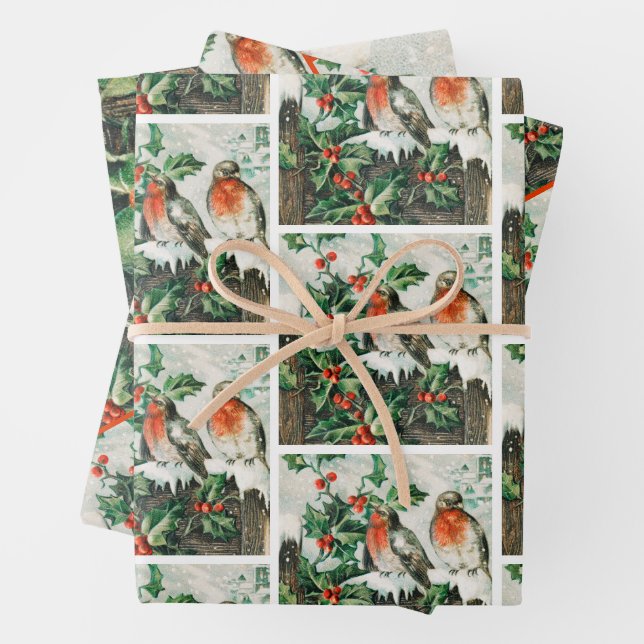 Two robins on a fence in the snow wrapping paper sheet (In situ)