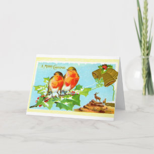 Two robins on holly holiday card
