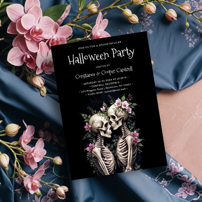 Two Romantic Gothic Human Skeletons Embracing Invitation (Two Romantic Gothic Human Skeletons Embracing Surrounded By Lush Floral Arrangements Halloween Party)