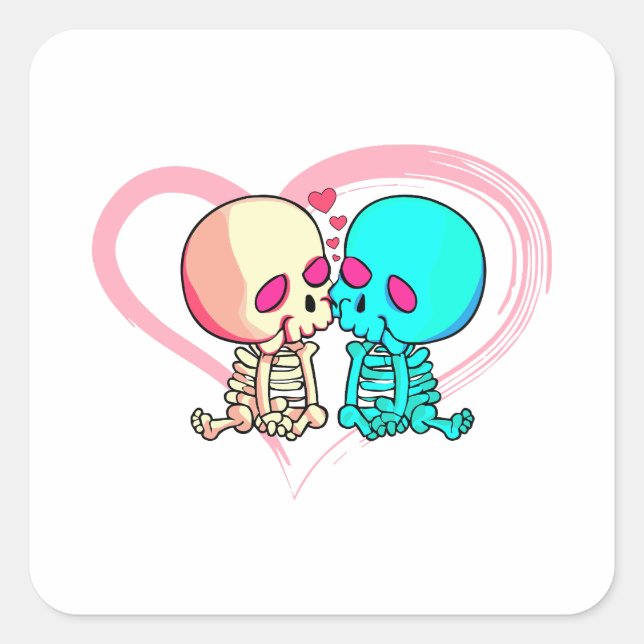Two romantic skeletons kiss with pink heart square sticker (Front)