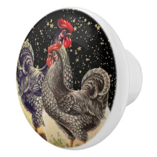 Two Roosters Black Gold Stars Ceramic Knob
