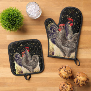Two Roosters Black Gold Stars Oven Mitt & Pot Holder Set
