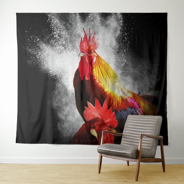 Two Roosters Tapestry (In Situ (Horizontal))