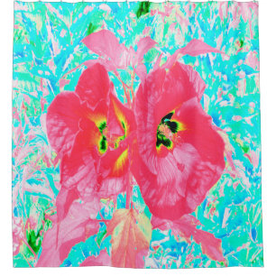 Two Rosy Red Coral Plum Crazy Hibiscus on Aqua