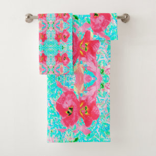 Two Rosy Red Coral Plum Crazy Hibiscus on Aqua Bath Towel Set