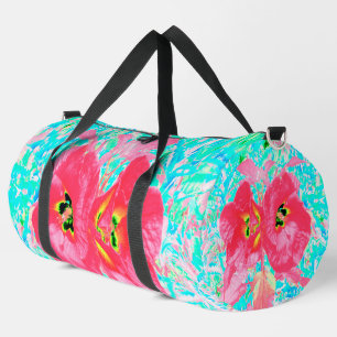 Two Rosy Red Coral Plum Crazy Hibiscus on Aqua Duffle Bag