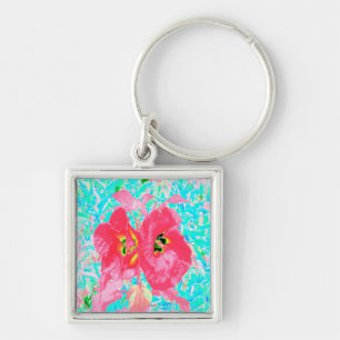 Two Rosy Red Coral Plum Crazy Hibiscus on Aqua Keychain