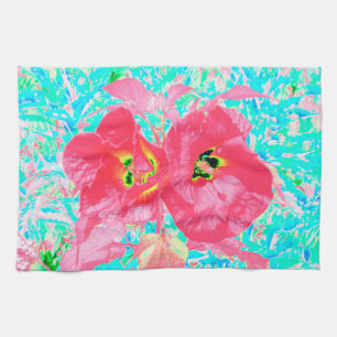 Two Rosy Red Coral Plum Crazy Hibiscus on Aqua Kitchen Towel