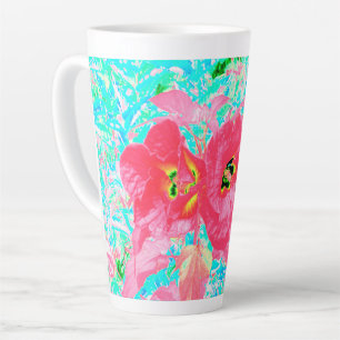 Two Rosy Red Coral Plum Crazy Hibiscus on Aqua Latte Mug