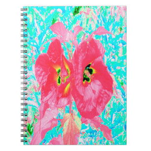 Two Rosy Red Coral Plum Crazy Hibiscus on Aqua Notebook