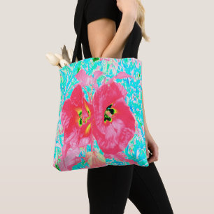 Two Rosy Red Coral Plum Crazy Hibiscus on Aqua Tote Bag