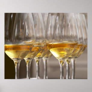 two rows of wine tasting glasses with lucious poster